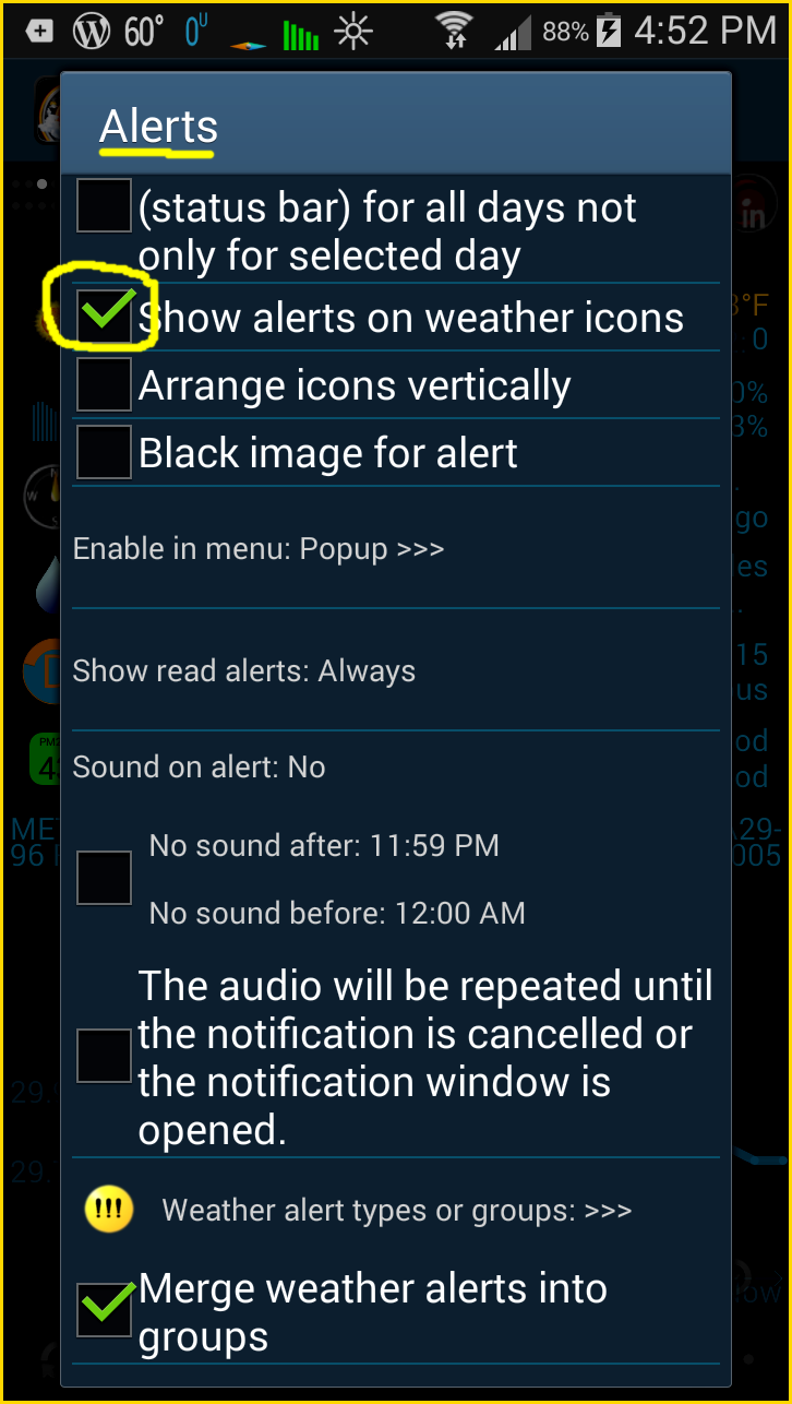 eWeather HD App options panel to set up alerts