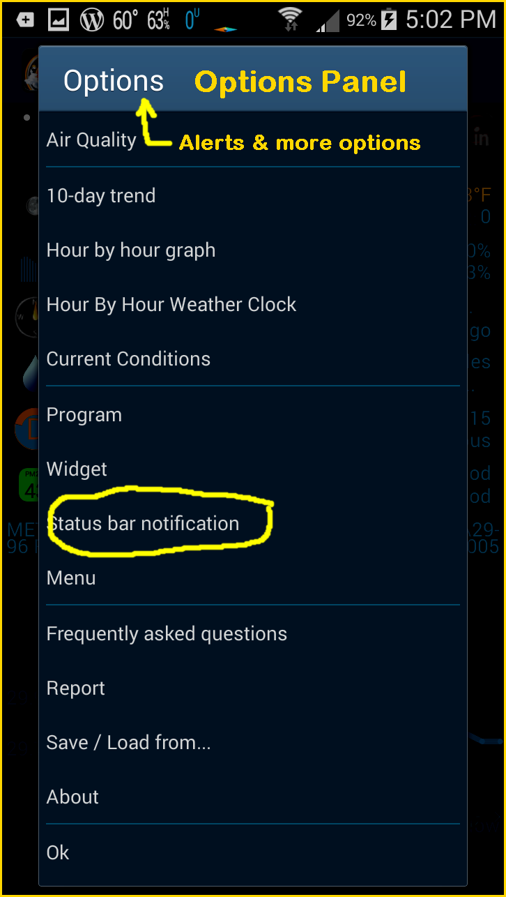 UI Panel options in the eWeather HD App.