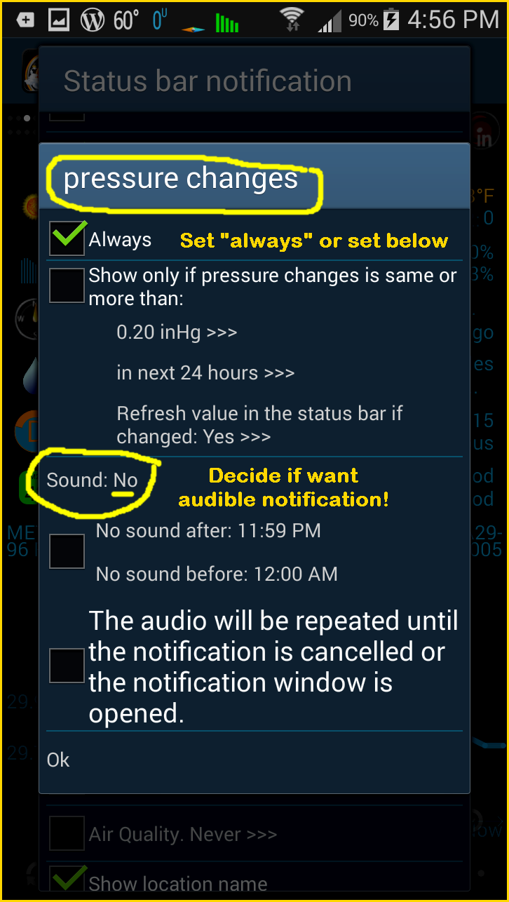 eWeather HD App options panel option to select pressure changes