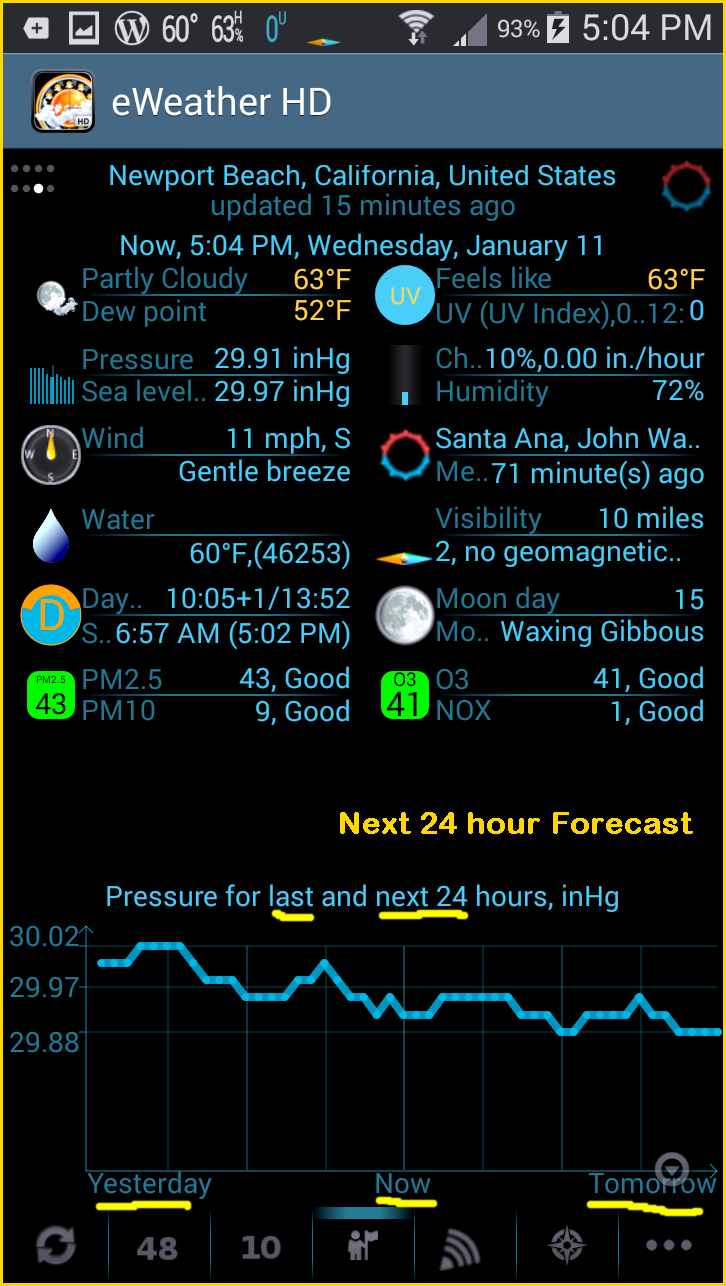 eWeather HD App panel displays a forecast graph of the next 24hr period of barometric pressure